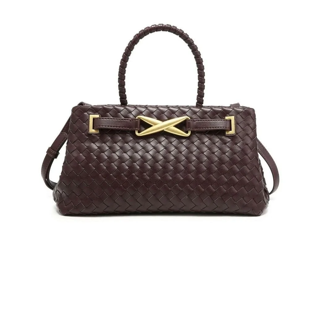 Woven Vegan Leather Satchel Handbag Burgundy Gold X Hardware Top Handle Bag